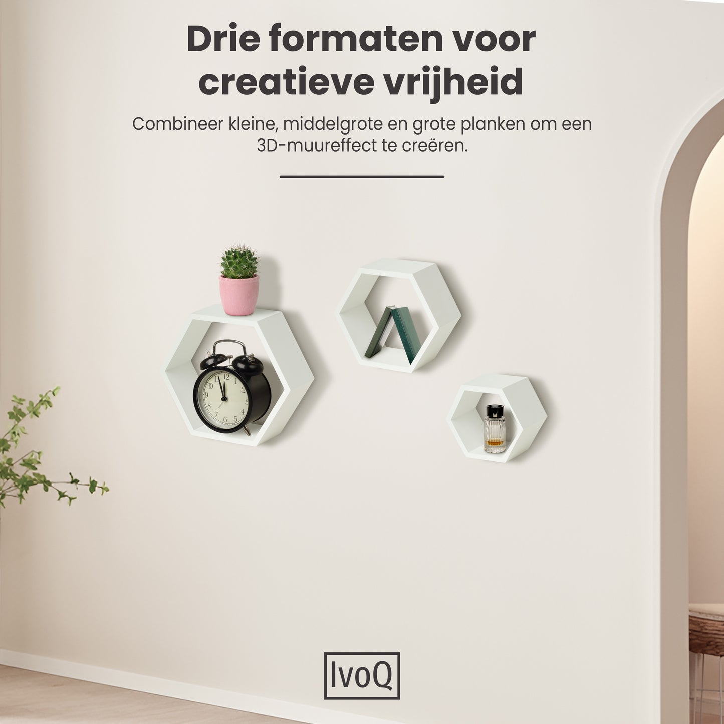 IvoQ Wandplanken Hexagon Set 3 stuks Wit