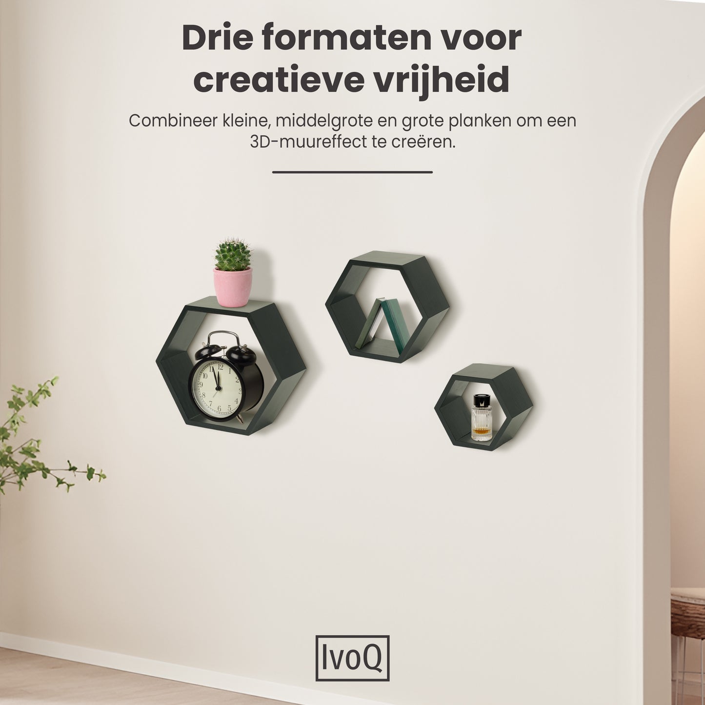 IvoQ Wandplanken Hexagon Set 3 stuks Zwart