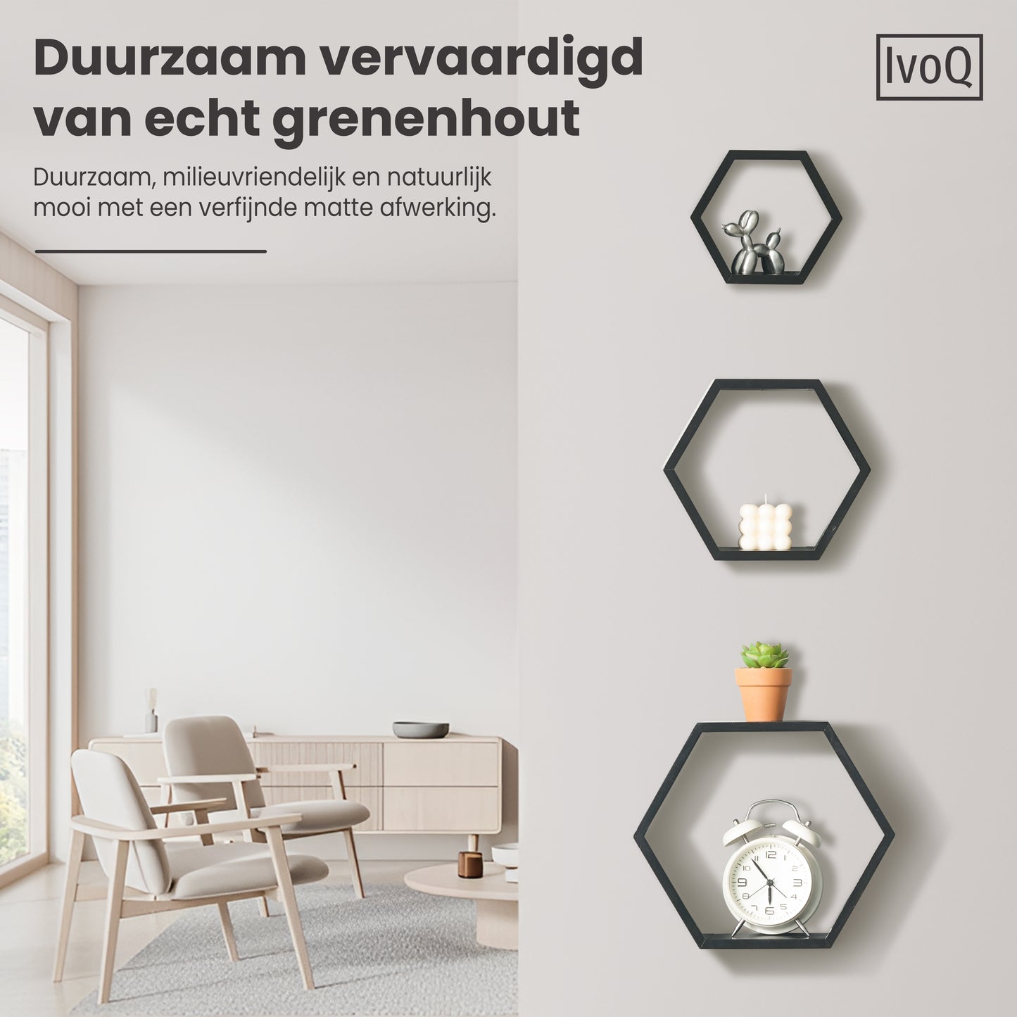 IvoQ Wandplanken Hexagon Set 3 stuks Zwart