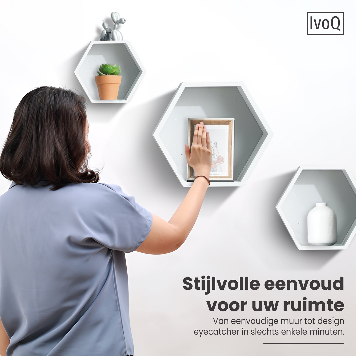 IvoQ Wandplanken Hexagon Set 3 stuks Wit