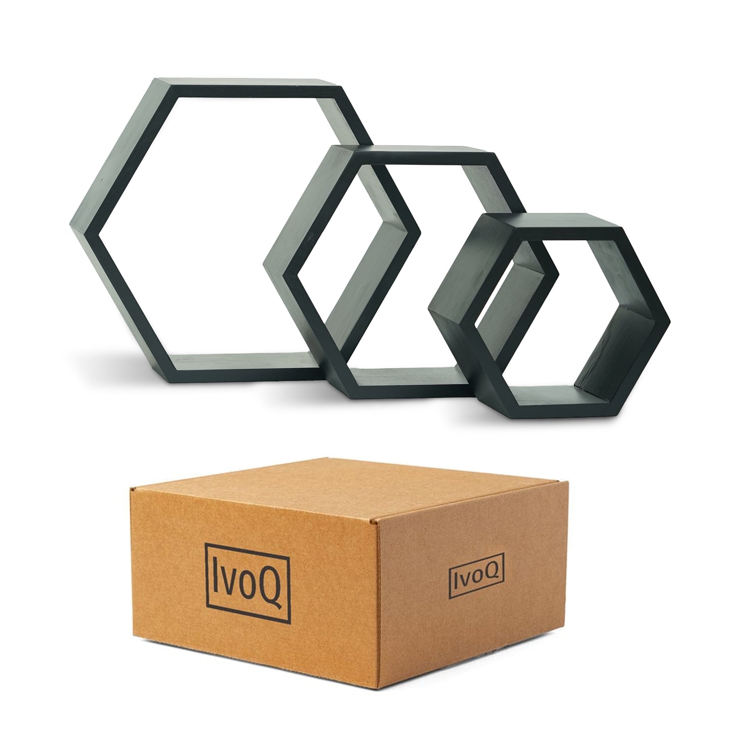 IvoQ Wandplanken Hexagon Set 3 stuks Zwart