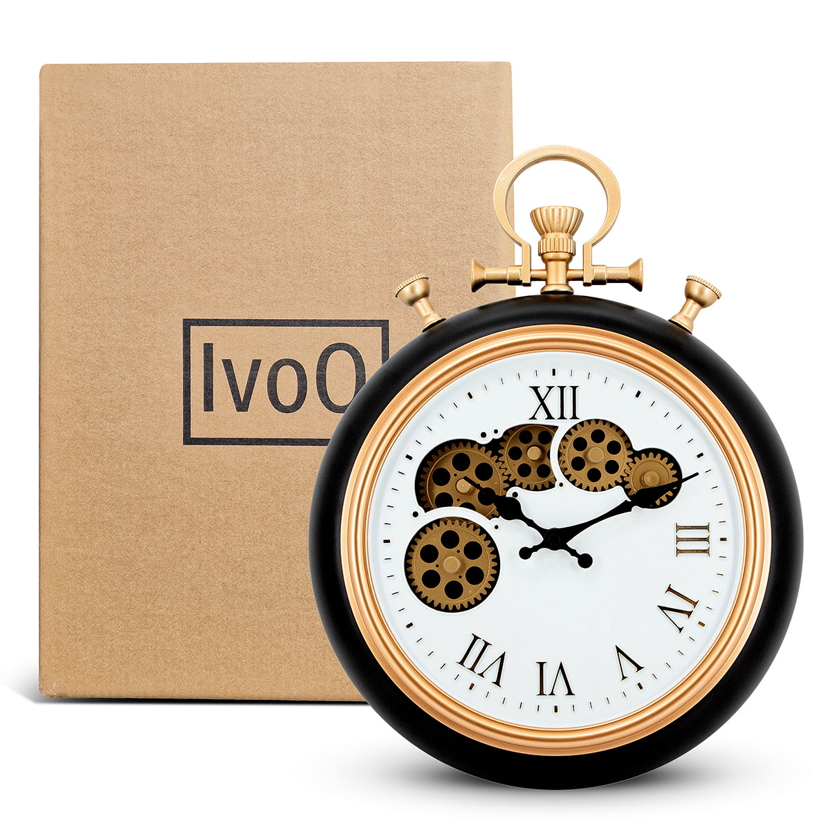 IvoQ Wandklok Retro Zakhorloge Zwart Goud met Bewegende Tandwielen Ø 30 cm