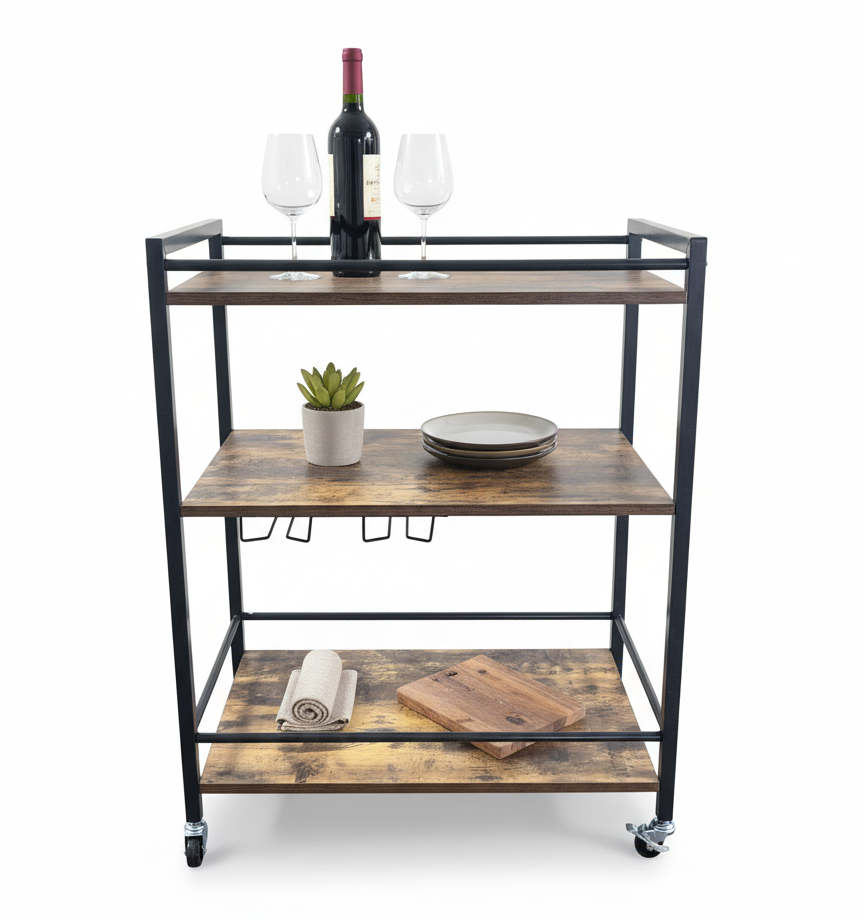 IvoQ Industriële Houten Serveerwagen op Wielen
