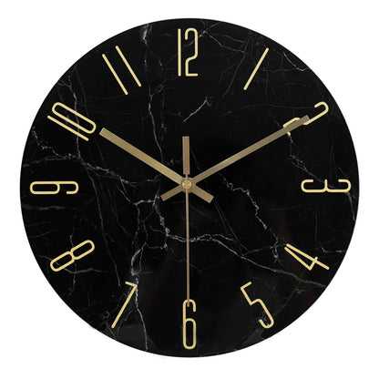 IvoQ Zwarte Marmerlook Wandklok met Gouden Details Glas Ø 30 cm