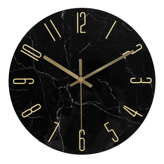 IvoQ Zwarte Marmerlook Wandklok met Gouden Details Glas Ø 30 cm