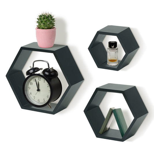 IvoQ Wandplanken Hexagon Set 3 stuks Zwart