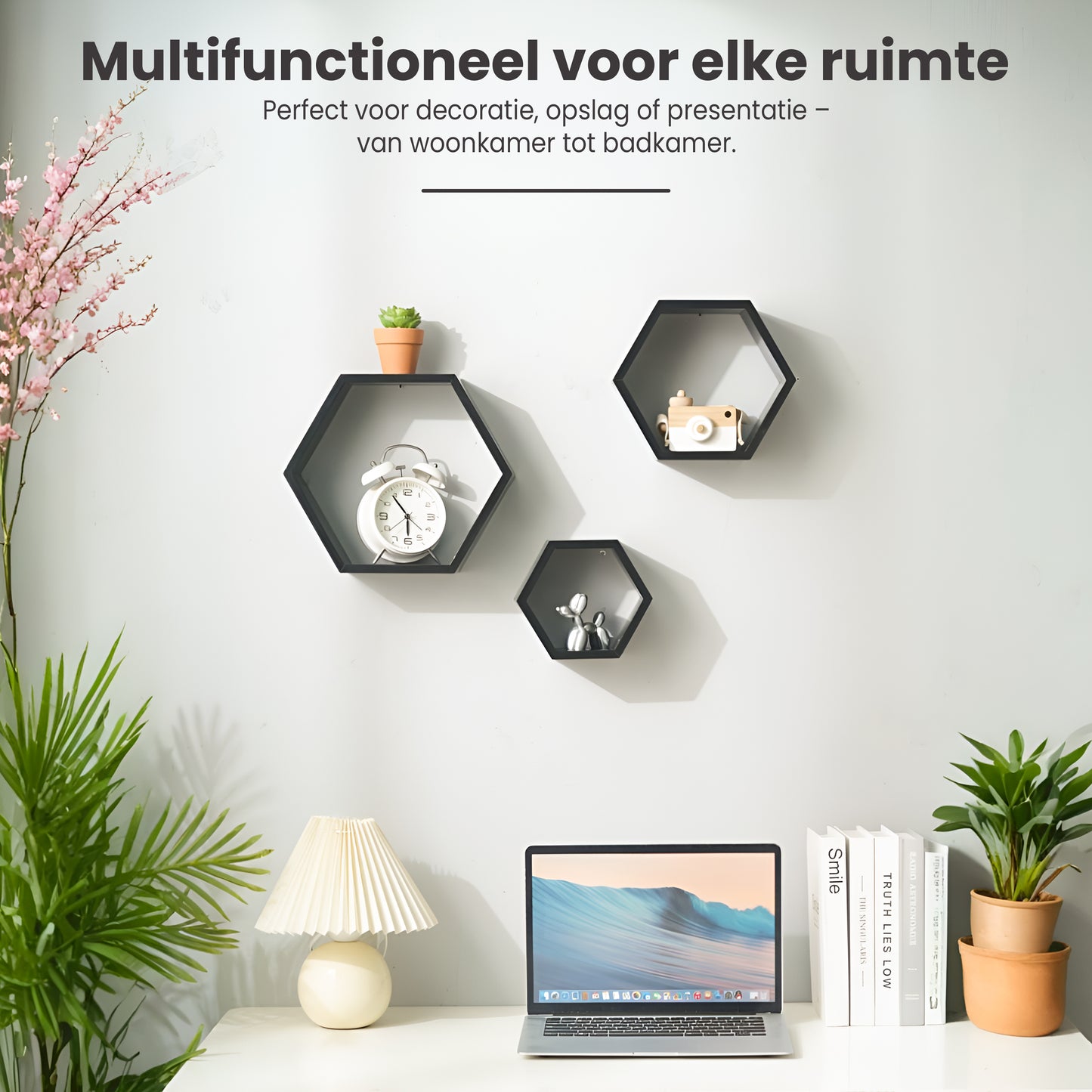 IvoQ Wandplanken Hexagon Set 3 stuks Zwart