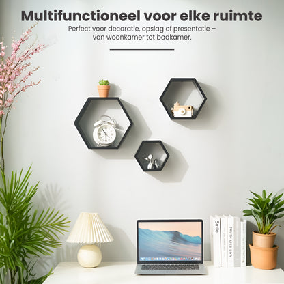 IvoQ Wandplanken Hexagon Set 3 stuks Zwart