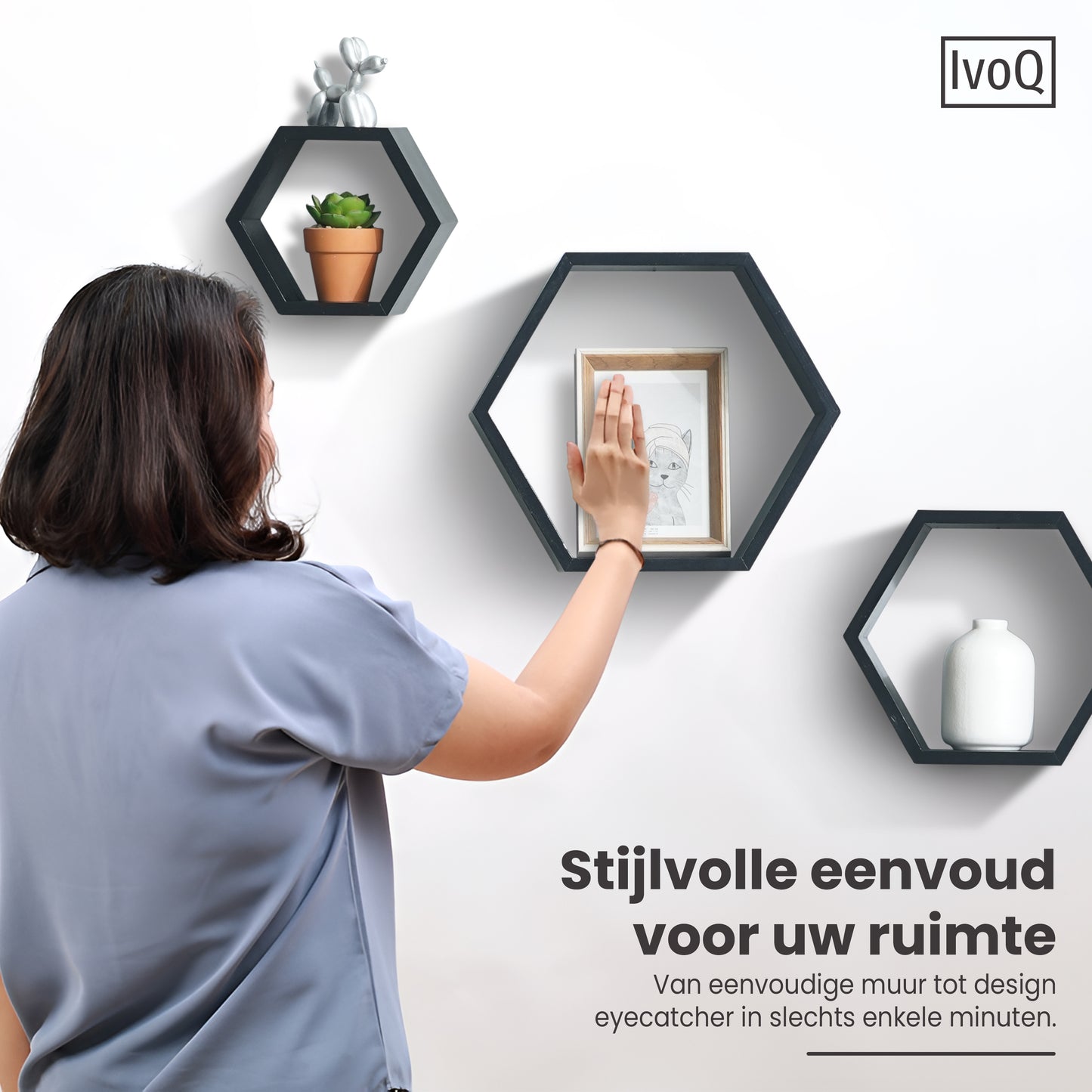 IvoQ Wandplanken Hexagon Set 3 stuks Zwart