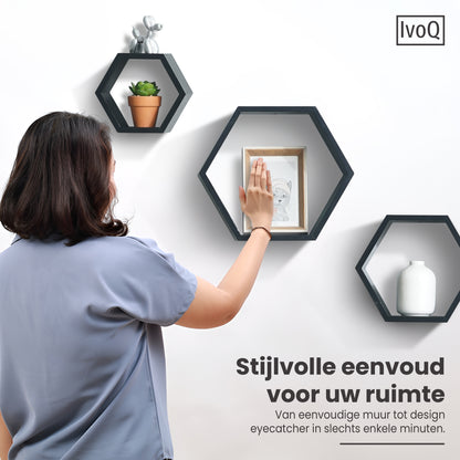IvoQ Wandplanken Hexagon Set 3 stuks Zwart