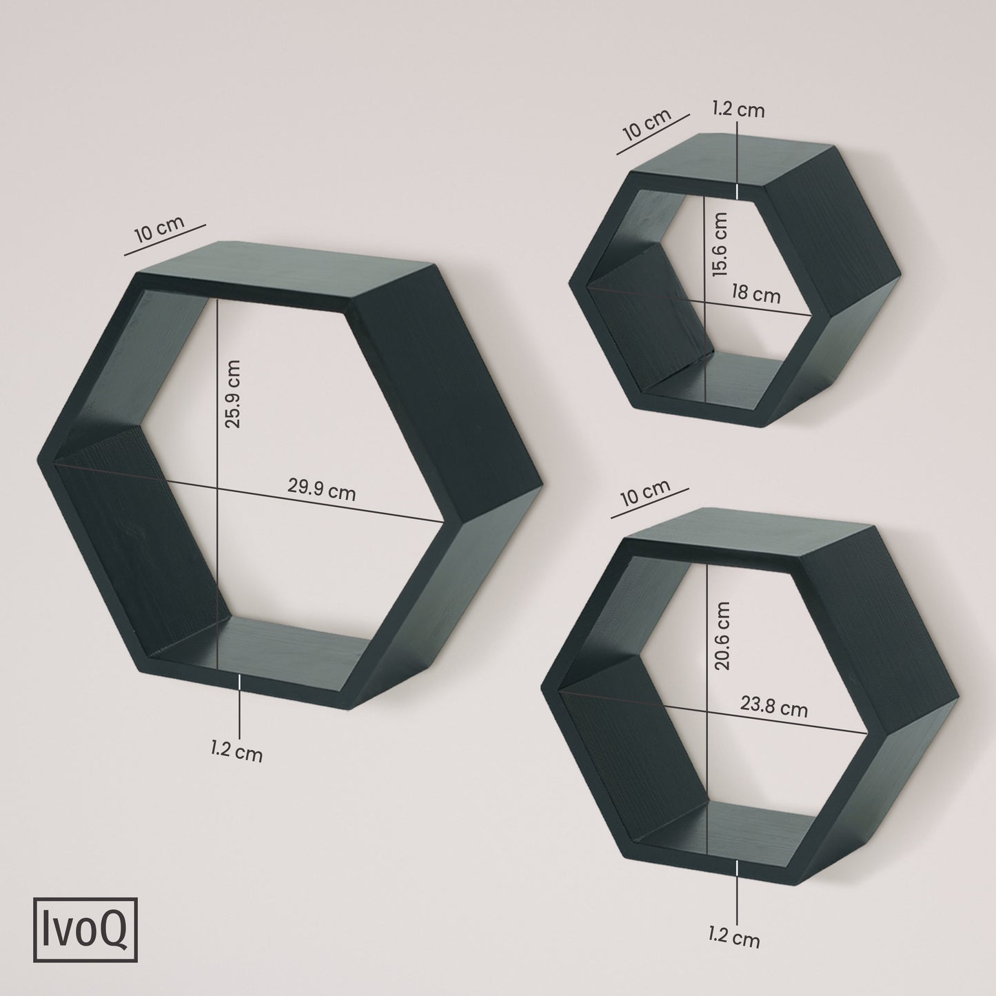 IvoQ Wandplanken Hexagon Set 3 stuks Zwart